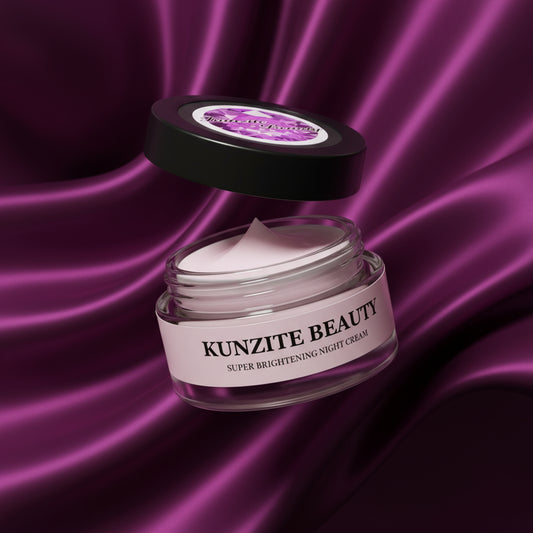 Kunzite Beauty super brightening night cream jar on a green background