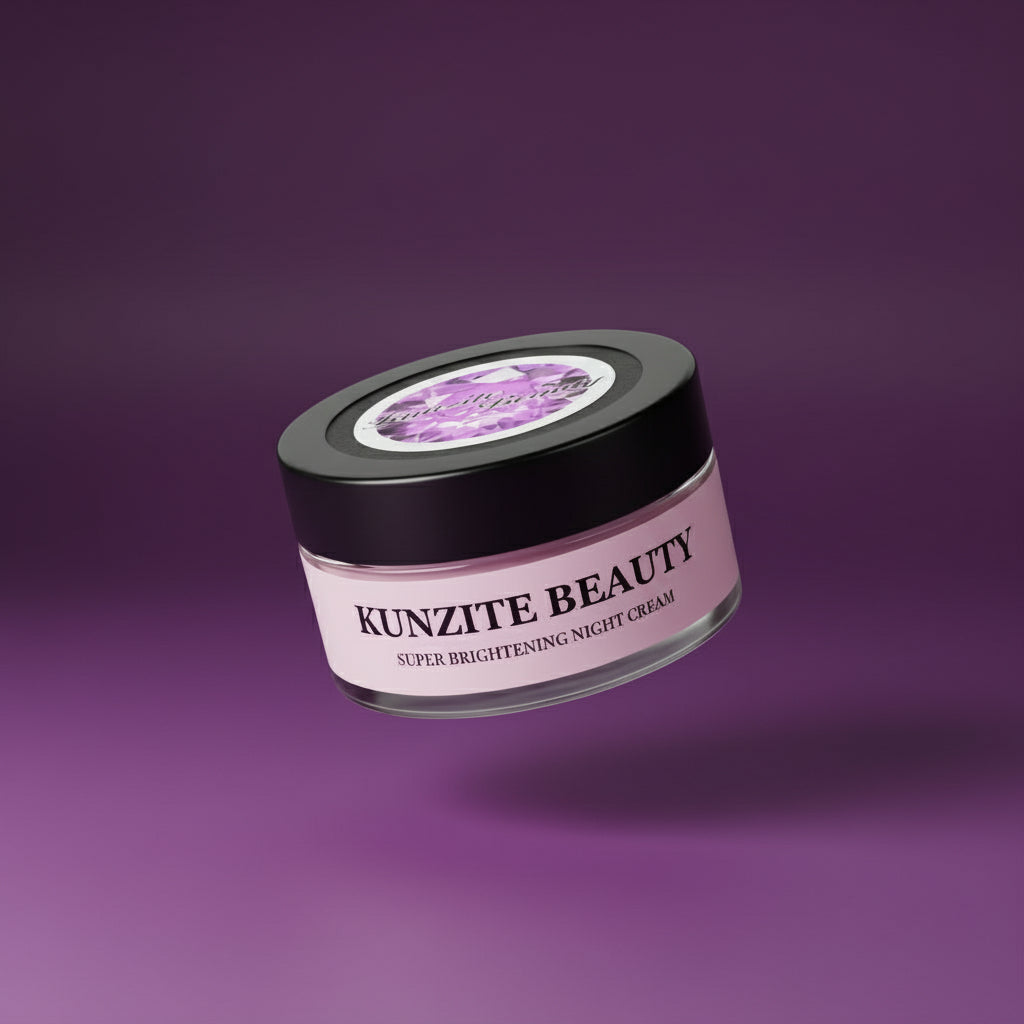 Kunzite Beauty super brightening night cream jar on a gradient gray background