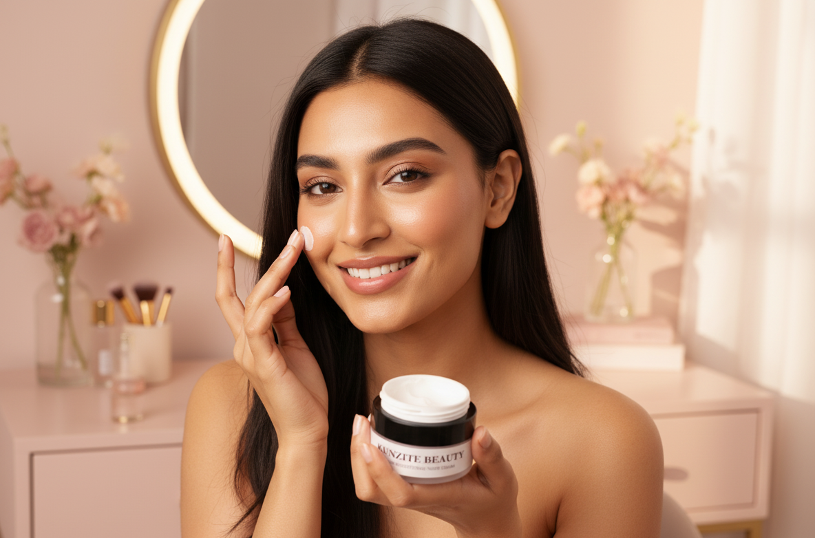 Woman applying cream to her face in a vanity setting with 'L'biotica Beauty' jar.